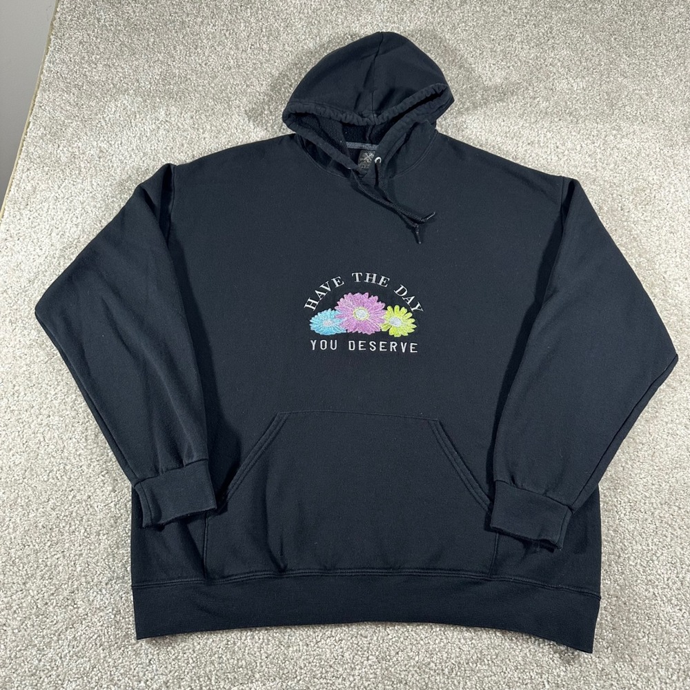 Have The Day You Deserve Flower Embroidered Hoodie Black XL Fruit of the Loom